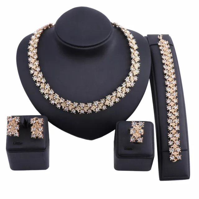 Womens Dubai Gold Color Jewelry Sets Wedding Crystal Statement Necklace Earrings