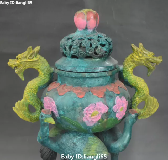 China Bronze Gemälde Dragon Crane Lotus Flower Räuchergefäß Räuchertopf 2