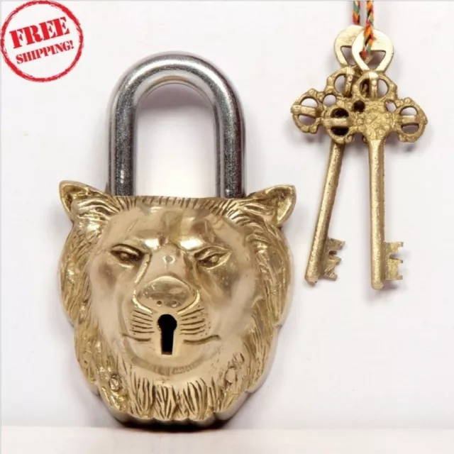 New Look Engraved Hand Crafted Brass Lion Head Shape Door Pad Lock With Key