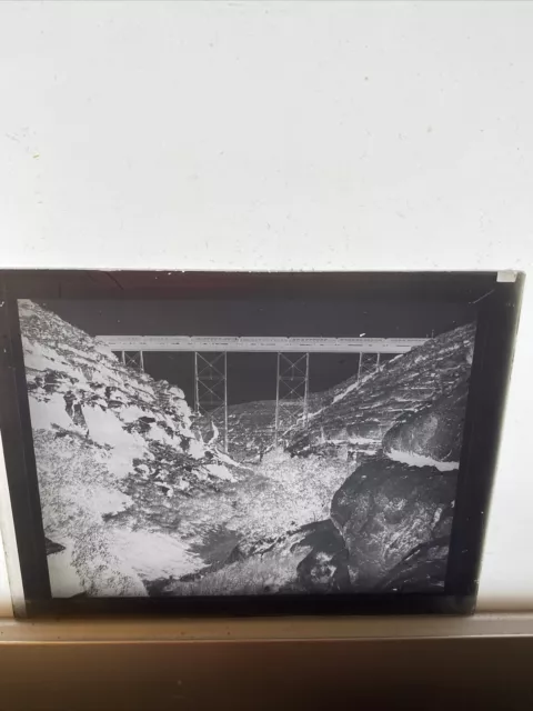 ANTIQUE GLASS PLATE PHOTO NEGATIVE Slide Train Crossing Canyon On Bridge #55