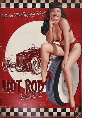 TIN SIGN "Betty Page Hot Rod" Pinup Babe Deco Garage Wall Decor