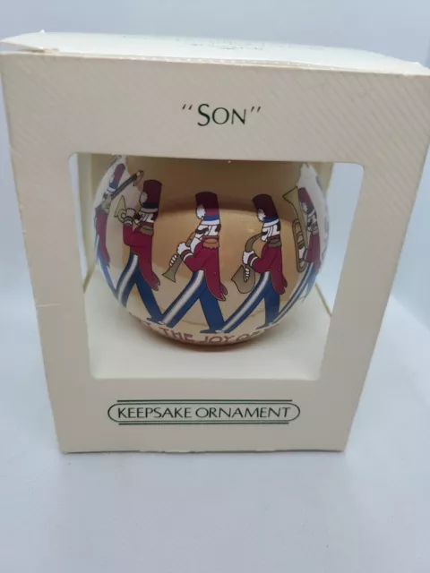 1982 Hallmark "Son" Satin Ball TOY SOLDIER MARCHING BAND Christmas Ornament NIB