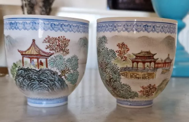 Pair Of Signed Chinese Eggshell Paper Thin Porcelain Hand Painted Cups Antique