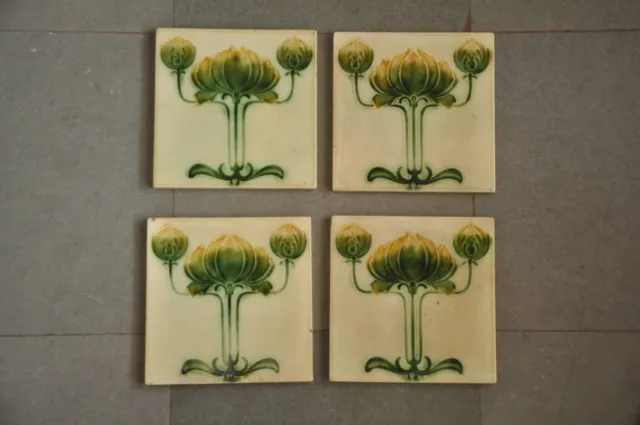 4 Pc Vintage Majolica Floral Design Decorative Art Ceramic Tile , England 2