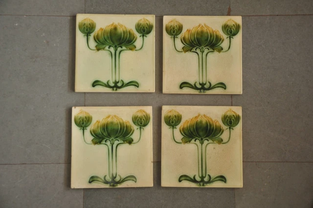 4 Pc Vintage Majolica Floral Design Decorative Art Ceramic Tile , England 2