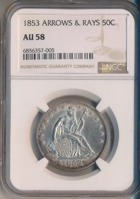 1853 Seated Liberty Silver Half Dollar Arrows & Rays**Ngc Certified Au 58**