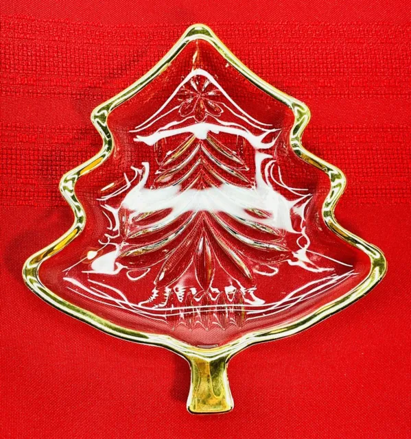 Vintage Mikasa Yuletide Crystal Christmas Tree Dish Candy /Sweets w/ Gold Trim