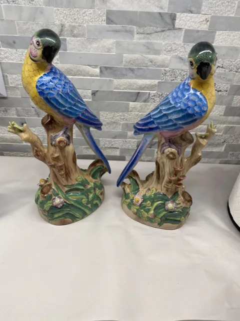 2 Vintage Rare Pair Porcelain Parrots Andrea By Sadek Tropical Birds 11.5" Tall