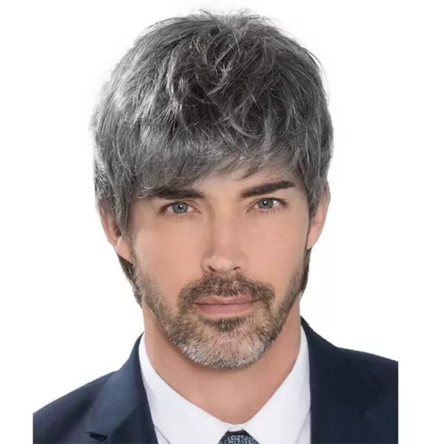 Mens Grey Short Layered Full Wigs Party Synthetic Hair Wig with Bangs Cosplay