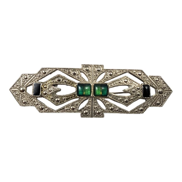 Art Deco Brooch Pin Silver Tone Onyx And Emerald Enamel Stones Nouveau Vintage
