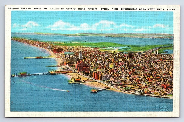 Postcard Aerial Airplane View Atlantic City Beachfront Steel Pier New Jersey NJ