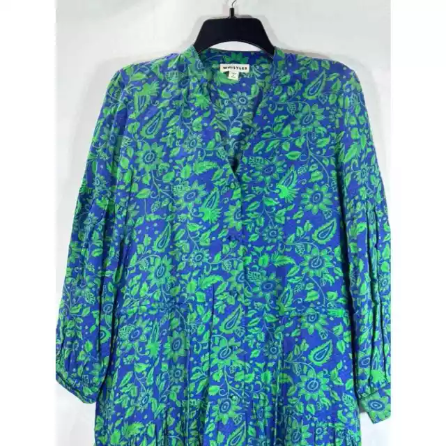 WHISTLES Women's Green/Blue Multi Valeria Henna 3/4 Sleeve Shirt Dress SZ L 3