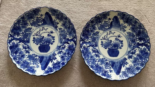 Antique Late 19th Century Pair of Japanese Blue & White Imari 15 Inch Chargers