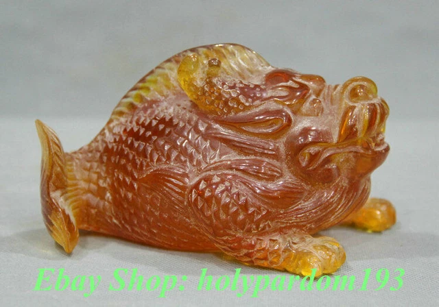 9" China Red Amber Carving Feng Shui Animal Dragon Fish lucky Sculpture