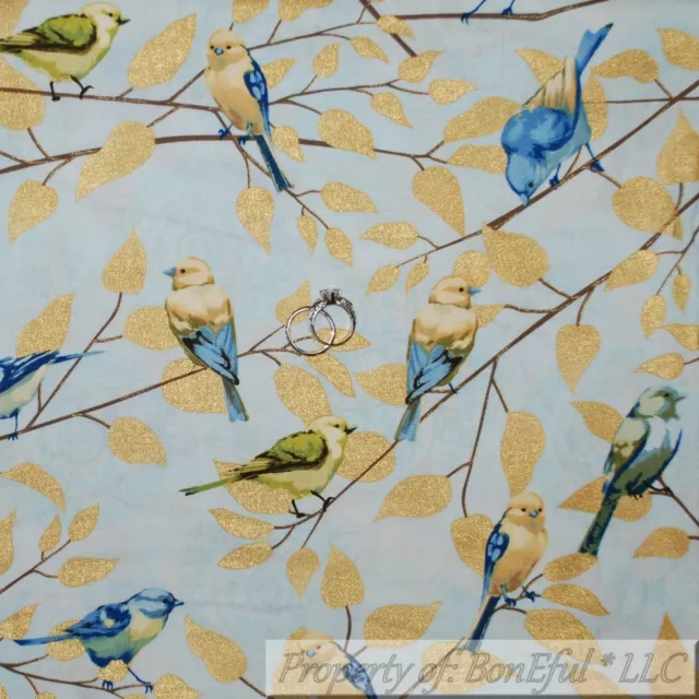 BonEful FABRIC FQ Cotton Quilt Blue Bird Sky Tree Branch Leaf Gold Metallic Wing