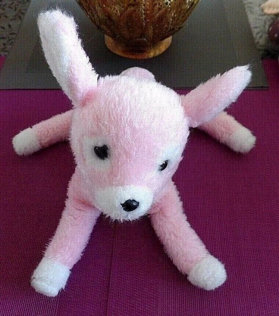 B16G / doudou peluche faon rose blanc couché NOUNOURS vintage