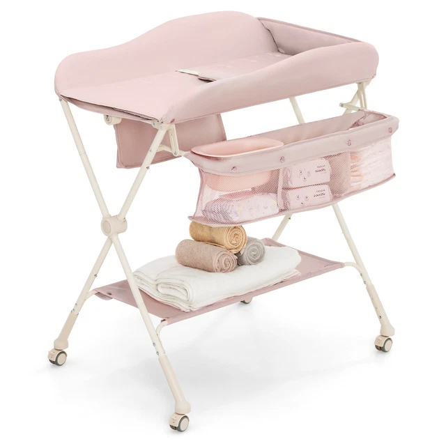 Baby Diaper Changing Table Folding Newborn Nursery Organizer W/Water Basin Wheel