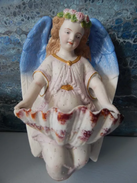 Grand Bénitier ange en porcelaine polychrome ancien 19ème signé ML 25 cm