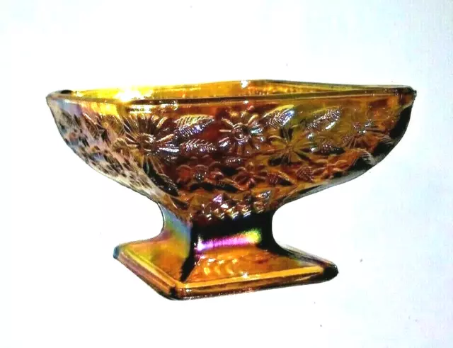 VTG Indiana Carnival Glass Candy Dish Amber Iridescent Diamond Shaped Gorgeous