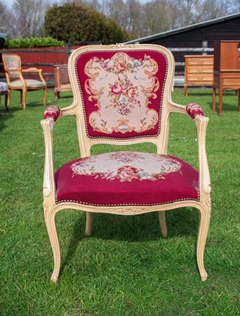 French Louis XV Painted Carved Oak Burgundy Floral Pattern Armchair! SOM989