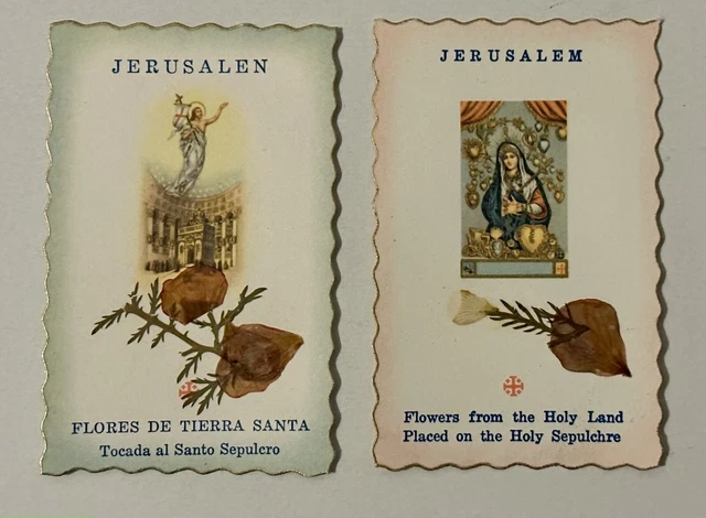 2 Prayer Holy card with flowers from the Holy Land Placed on the Holy Sepulchre