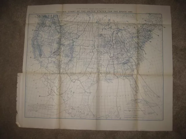 Antique 1890 United States Isogonic Magnetic Map Territory Texas California Rare