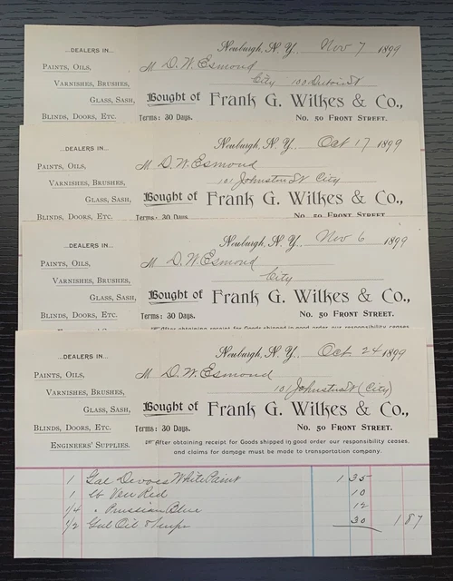 1899 Frank G.wilkes&Co. Front St Newburgh Newyork Letterhead Receipts X4 Vf Cond