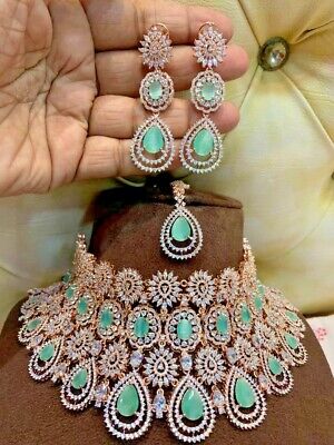Bollywood Style CZ Indian Rose Gold Plated Choker Necklace Bridal Jewelry Set