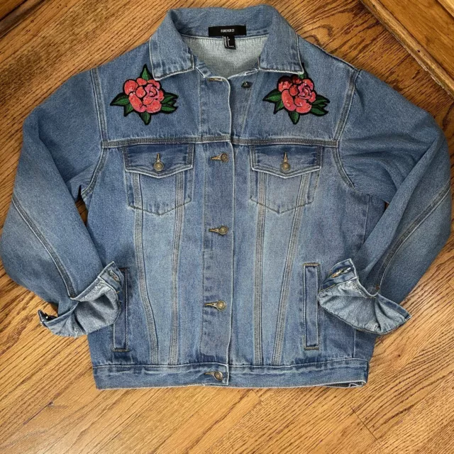 Forever 21 | Oversized Rose Embroidered Patch Denim Jacket Size S