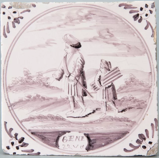Nice Dutch Delft manganese biblical tile, Genesis 22: 1-3, 18th. century.