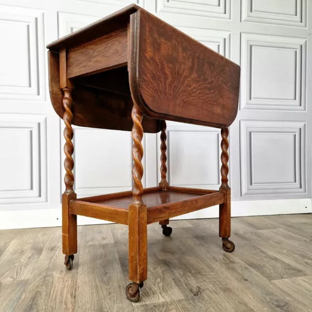 Carrito de té de mesa de hojas de roble de madera retro vintage con giro de roble cebada