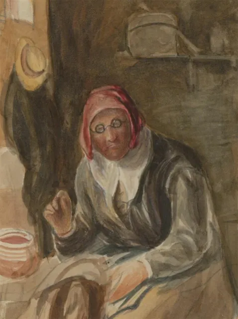 Early 20th Century Watercolour - Elderly Lady Sewing