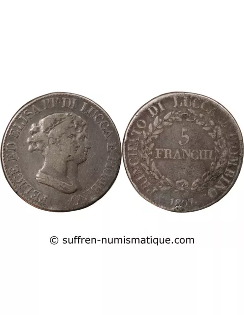 Italie, Republique De Lucques, Felix Et Elisa - 5 Franchi Argent 1807