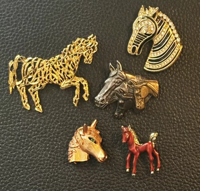 Vintage Pony Horse Equestrian Pins Brooches Lot Gold Silver Tone Enameled