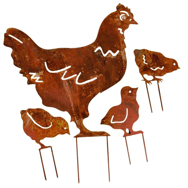 Conjunto de 4 asador con gallina pollo hierro herrumbroso estilo antiguo