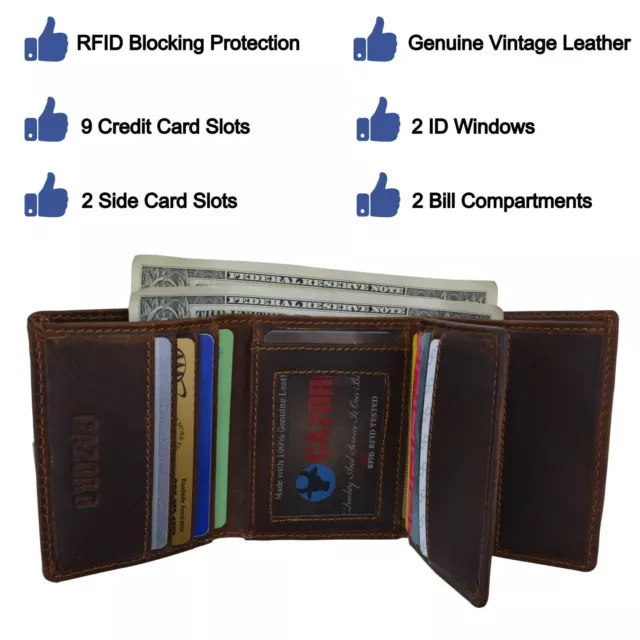 Cazoro Mens RFID Blocking Hunter Leather Credit Card ID Trifold Wallet 3