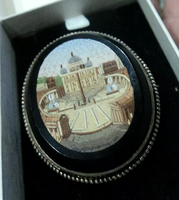 Vintage Silver Micro Mosaic Italian Brooch - St. Peter's Square Vatican c.1890 2