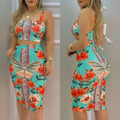 Womens Floral Vest Crop Top Midi Bodycon Skirt Summer Two Piece Co-Ord Dress Set