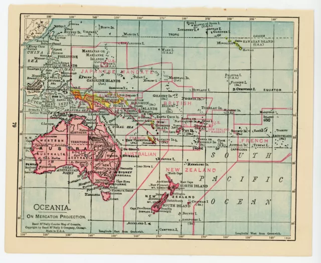 1931 Vintage Atlas Map Page - Oceania map on one side