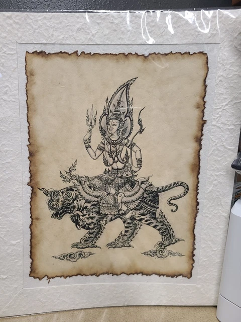 Thai Figure Riding A Tiger Artwork On Mache Backing 20x16
