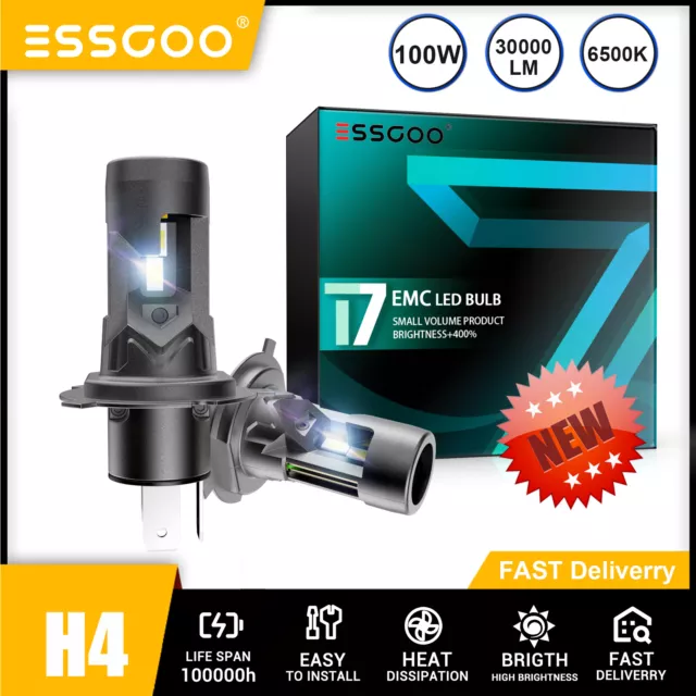 ESSGOO H4 LED Headlight Bulb Canbus Error Free 100W 30000LM 6500K High Low Beam