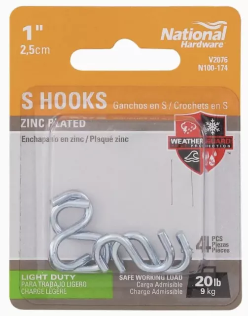 1" Open S Hooks Zinc Plated Light Duty 20lb Load Capacity (Box of 10 - 4 ct pks)