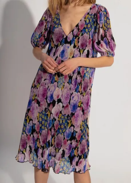 $285 Ganni Women's Black Floral Pleated Puff Sleeve Dress Size FR 32/US 0