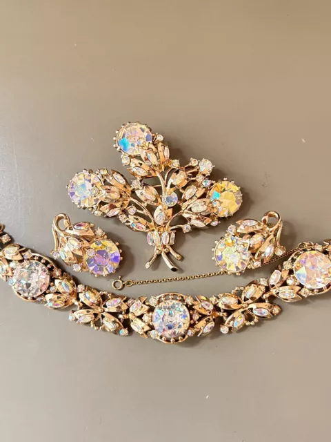 Vintage Signed HOLLYCRAFT Demi Parure Jewelry Set, AB Crystal, Gold Tone WOW!