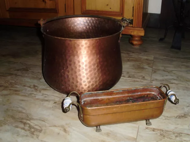 großer Kupfertopf Kupferkessel Hammerschlag mit Henkel  + Kupferschale 
