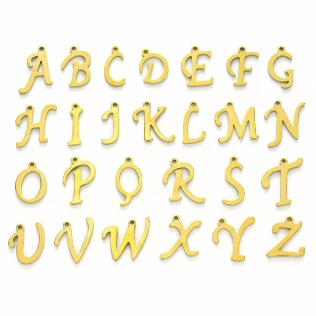 26Pc 304 Stainless Steel Alphabet Laser Cut Golden Letter Charms 10~14.5x4~14x1m