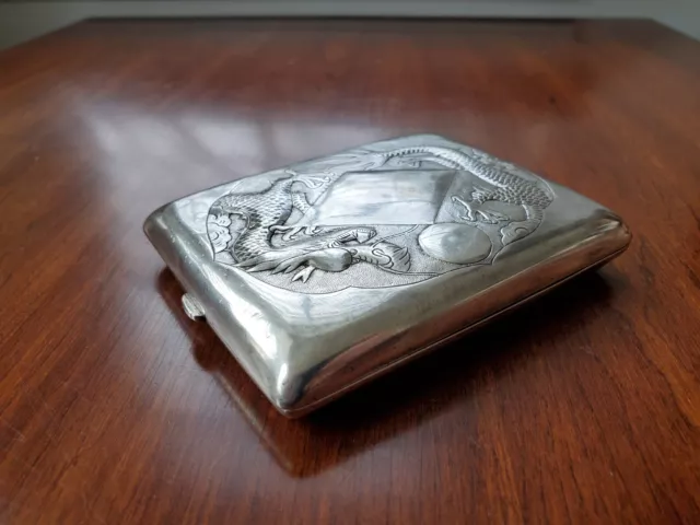 Chinese Export Sterling Silver Dragon Cigarette Box Card Case Pao Chu Tientsin