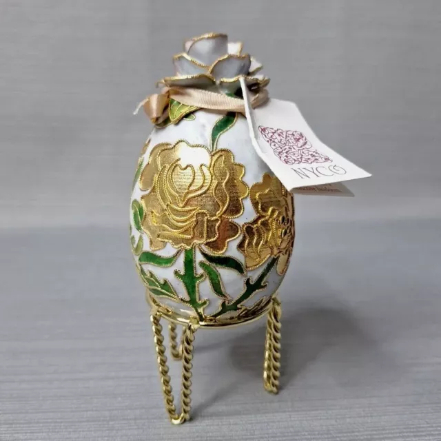 Vintage NYCO Cloisonne Egg w Flower Enamel & Gold Tone Metal Floral w Stand NEW