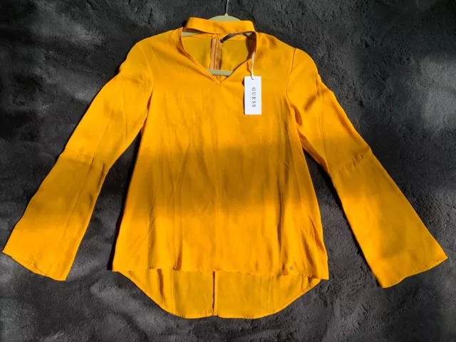 Guess Chemisier femme jaune mousseline de soie avec collier taille XS flambant neuf avec étiquettes