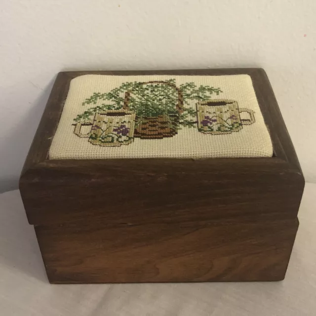 Vintage Sudberry House Hinged Cross Stitch Coffee Wooden Trinket Box 6” X 4.5”